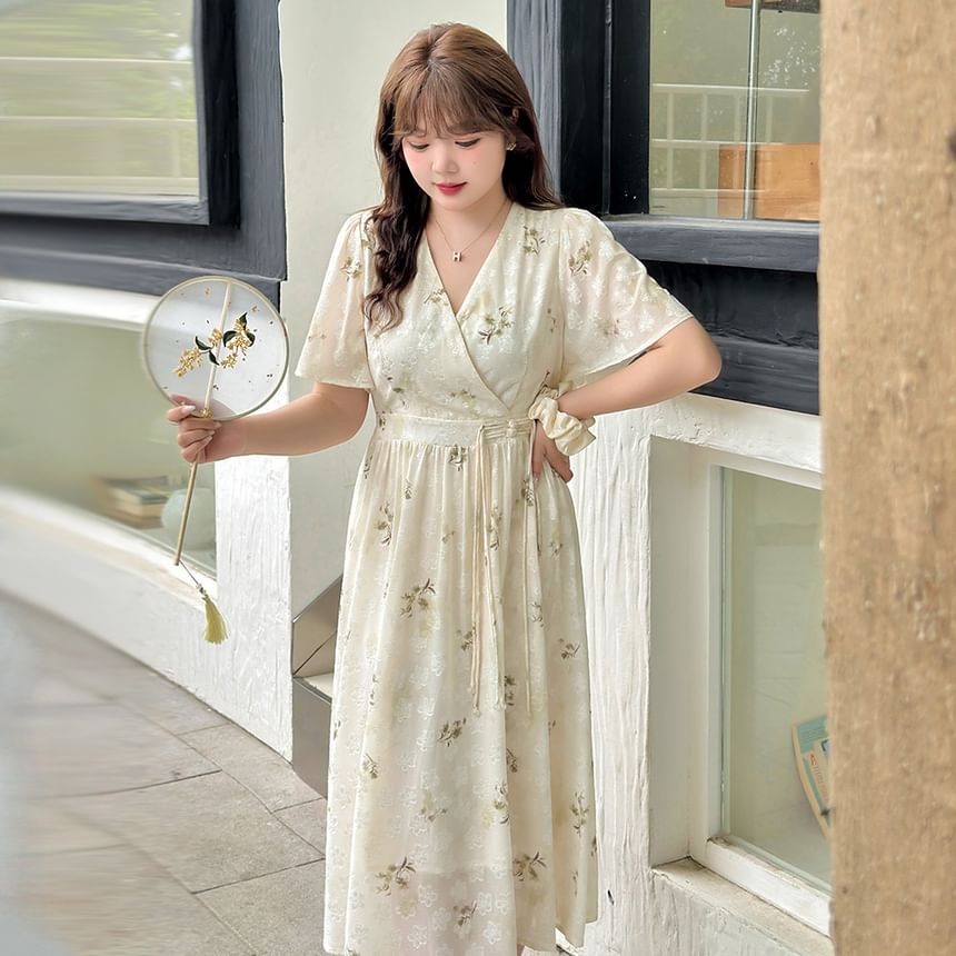 Plus Size Short-Sleeve V-Neck Floral Frog Button Midi A-Line Dress