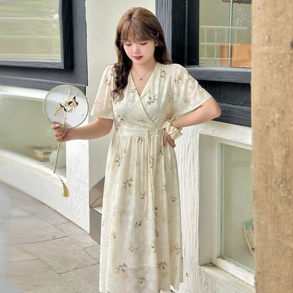 Plus Size Short-Sleeve V-Neck Floral Frog Button Midi A-Line Dress