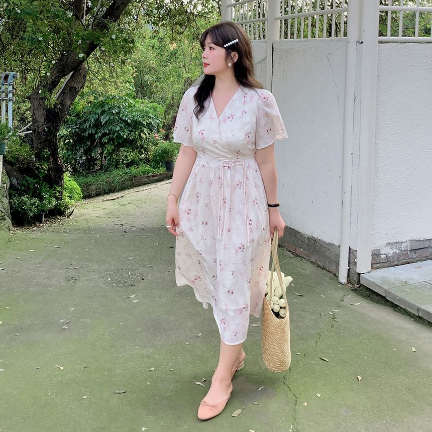 Plus Size Short-Sleeve V-Neck Floral Frog Button Midi A-Line Dress