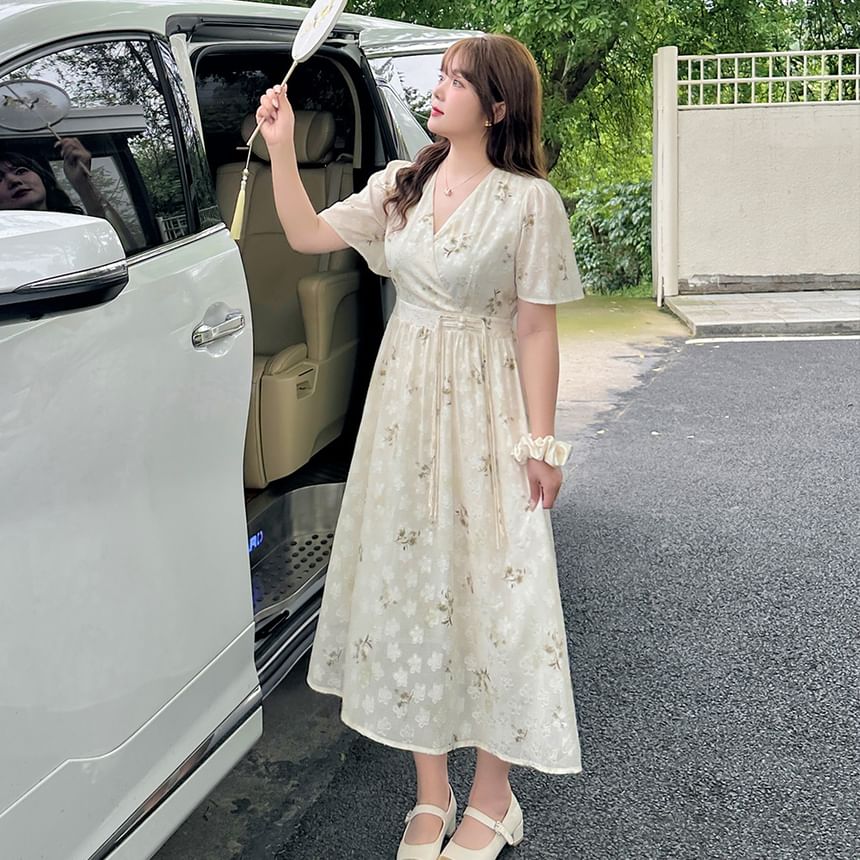 Plus Size Short-Sleeve V-Neck Floral Frog Button Midi A-Line Dress