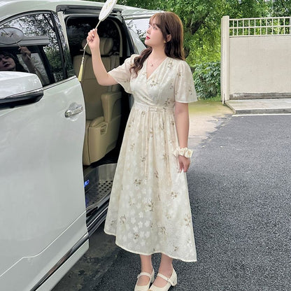 Plus Size Short-Sleeve V-Neck Floral Frog Button Midi A-Line Dress