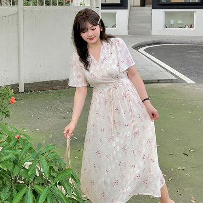Plus Size Short-Sleeve V-Neck Floral Frog Button Midi A-Line Dress