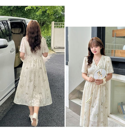 Plus Size Short-Sleeve V-Neck Floral Frog Button Midi A-Line Dress