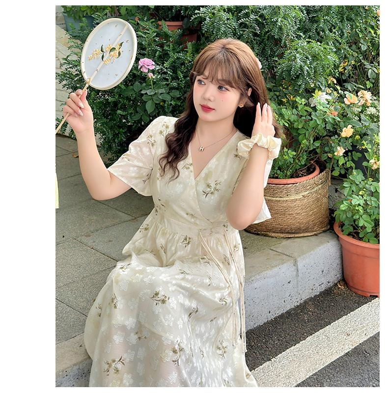 Plus Size Short-Sleeve V-Neck Floral Frog Button Midi A-Line Dress