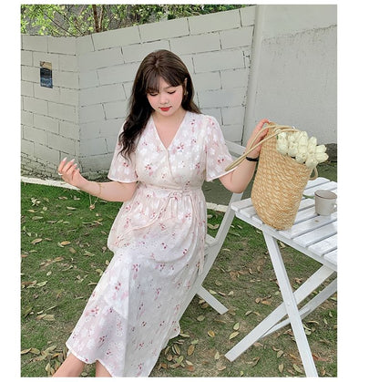 Plus Size Short-Sleeve V-Neck Floral Frog Button Midi A-Line Dress