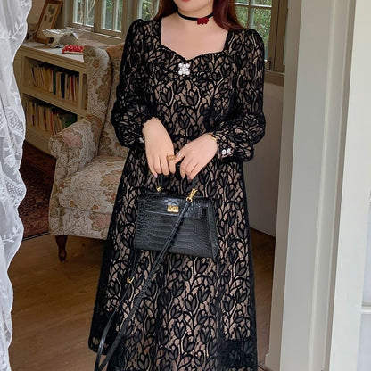 Plus Size Long-Sleeve Floral Lace Bow Midi A-Line Dress