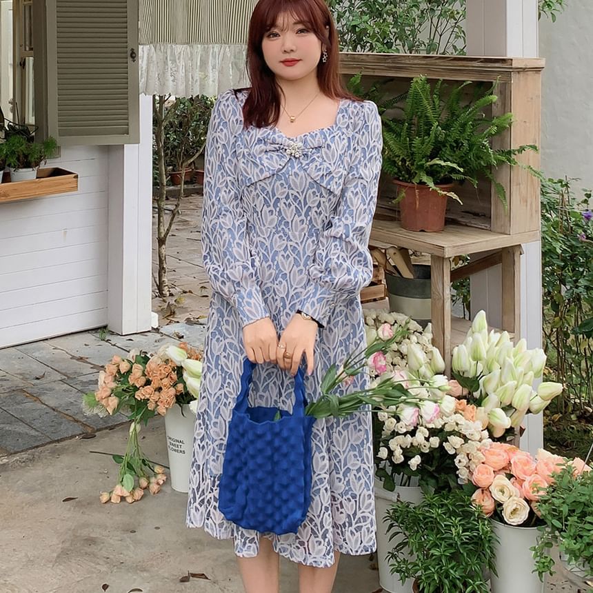 Plus Size Long-Sleeve Floral Lace Bow Midi A-Line Dress