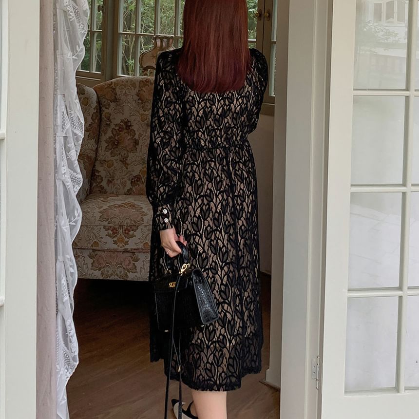 Plus Size Long-Sleeve Floral Lace Bow Midi A-Line Dress