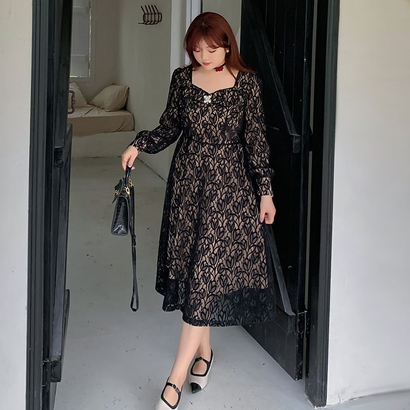 Plus Size Long-Sleeve Floral Lace Bow Midi A-Line Dress
