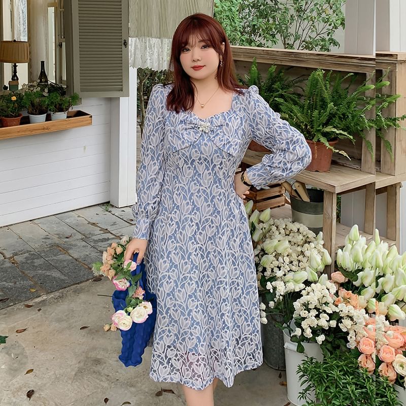 Plus Size Long-Sleeve Floral Lace Bow Midi A-Line Dress