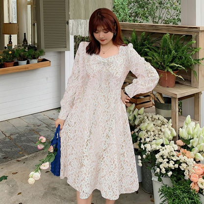 Plus Size Long-Sleeve Floral Lace Bow Midi A-Line Dress