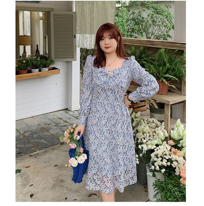 Plus Size Long-Sleeve Floral Lace Bow Midi A-Line Dress