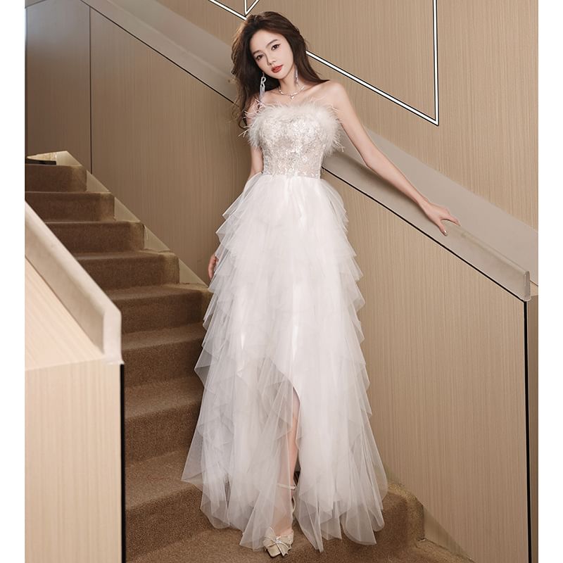Strapless Fluffy Asymmetrical A-Line Mesh Evening Gown