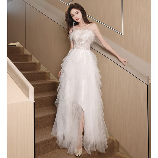 Strapless Fluffy Asymmetrical A-Line Mesh Evening Gown