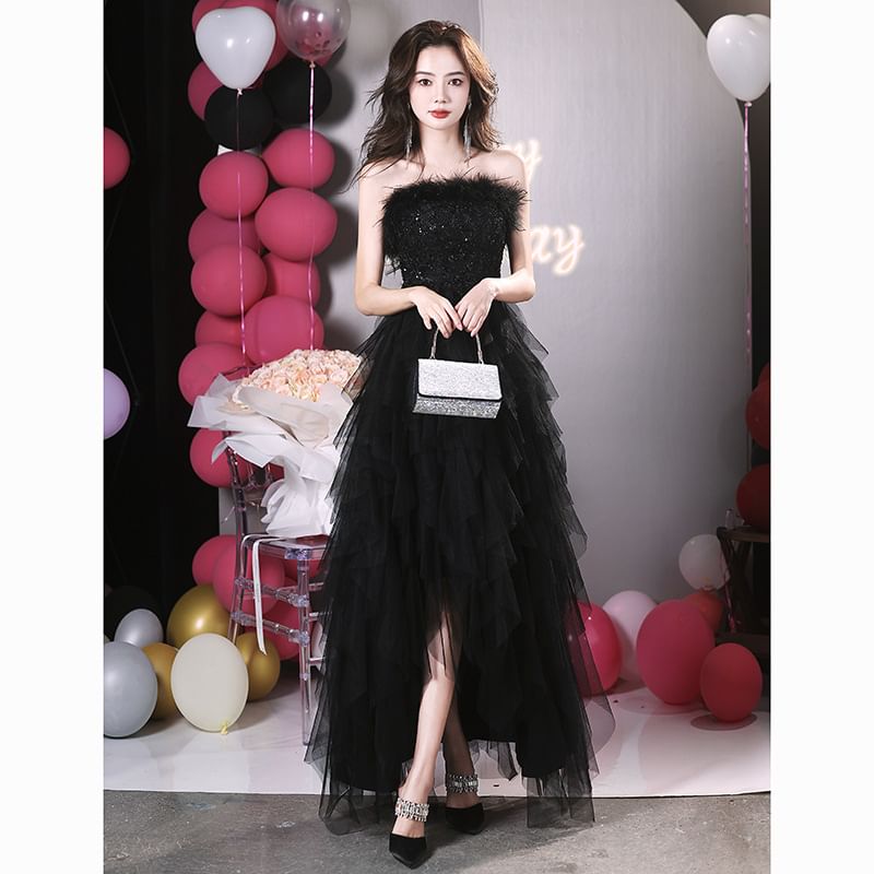 Strapless Fluffy Asymmetrical A-Line Mesh Evening Gown