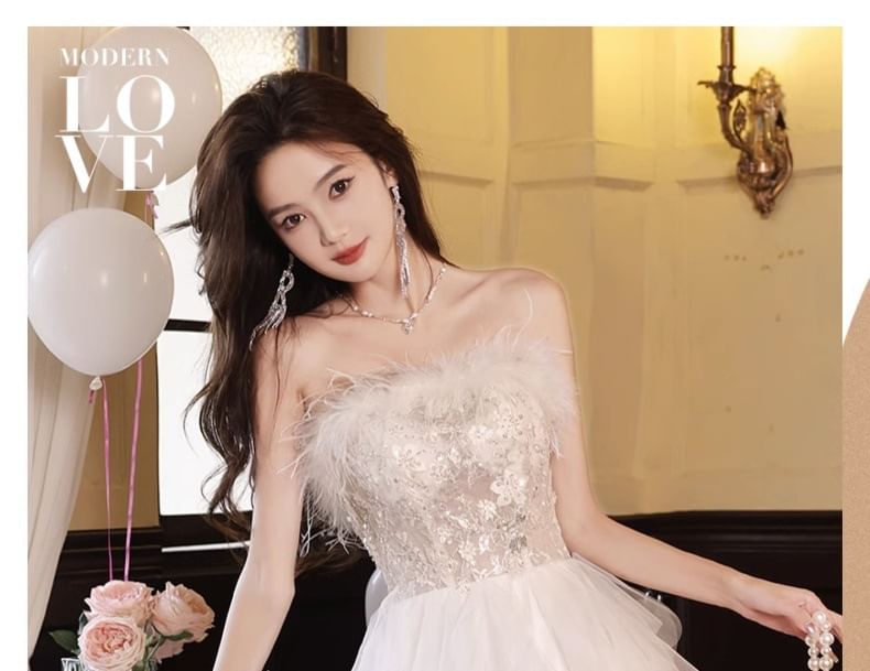 Strapless Fluffy Asymmetrical A-Line Mesh Evening Gown