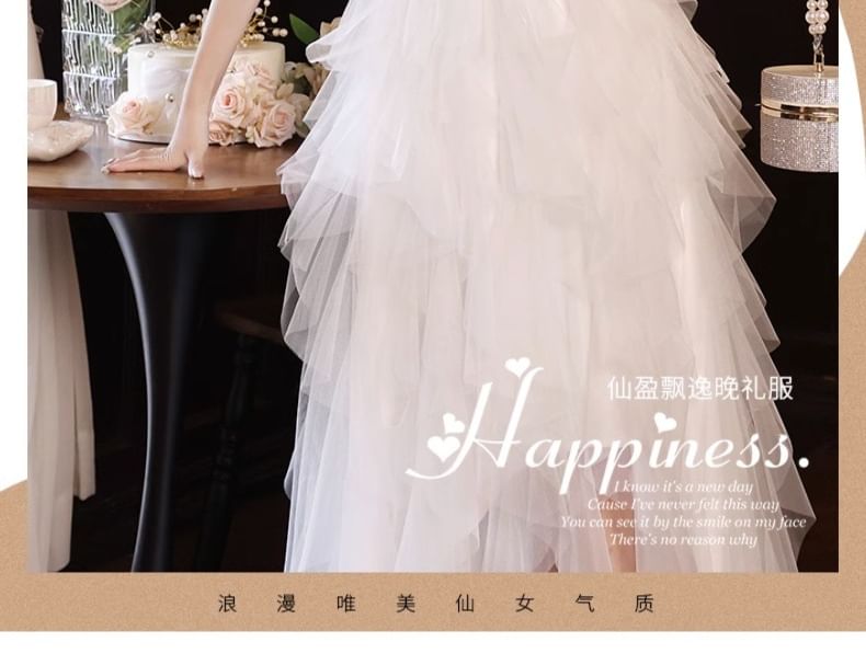 Evening A-Line Fluffy Asymmetrical Strapless Gown Mesh