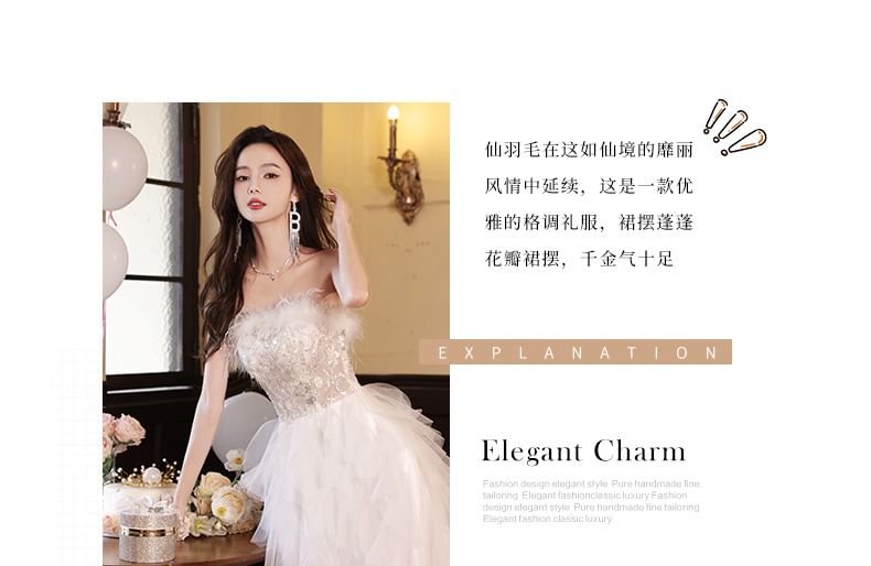 Evening A-Line Fluffy Asymmetrical Strapless Gown Mesh