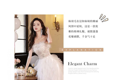 Evening A-Line Fluffy Asymmetrical Strapless Gown Mesh