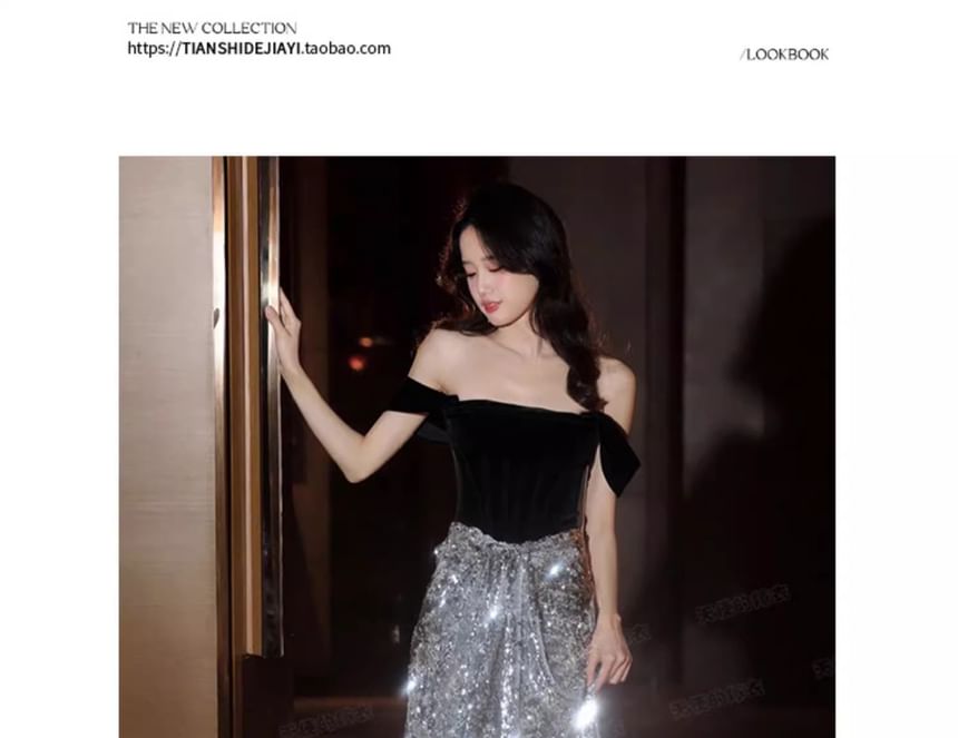 Off-Shoulder Sequined Velvet Panel A-Line Evening Gown