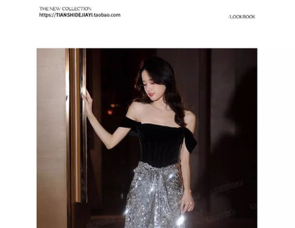 Off-Shoulder Sequined Velvet Panel A-Line Evening Gown