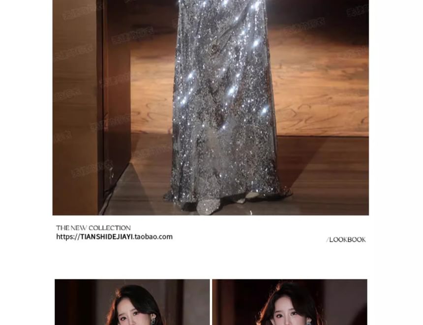Off-Shoulder Sequined Velvet Panel A-Line Evening Gown