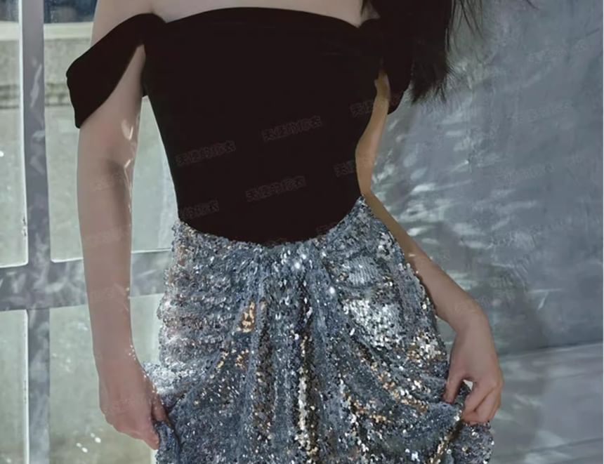Off-Shoulder Sequined Velvet Panel A-Line Evening Gown
