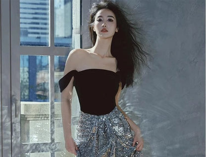 Off-Shoulder Sequined Velvet Panel A-Line Evening Gown