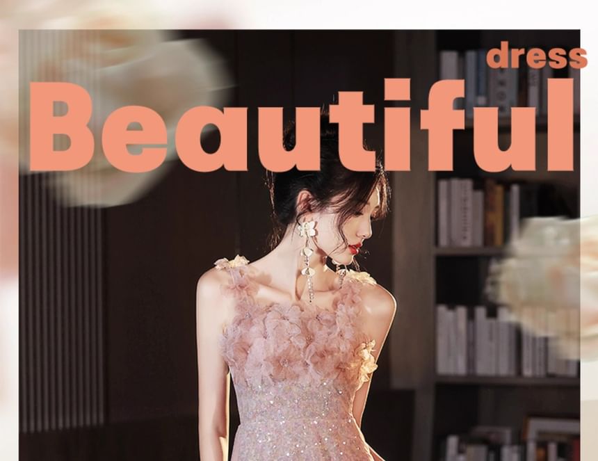 Evening Gown Glitter Wide A-Line Strap Floral