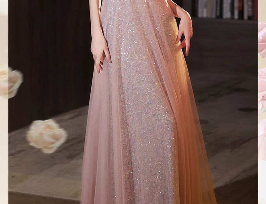 Evening Gown Glitter Wide A-Line Strap Floral