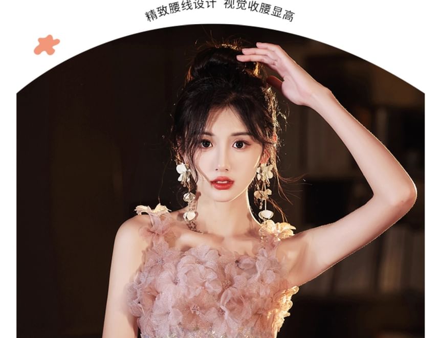 Evening Gown Glitter Wide A-Line Strap Floral