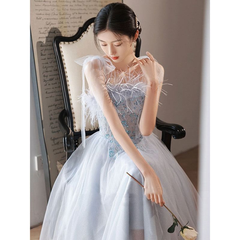 Fluffy Evening Gown A-Line Trim Sequined Tie-Shoulder