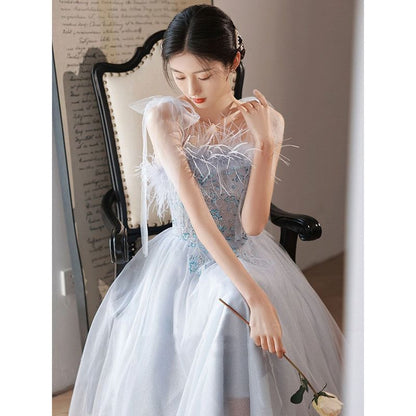 Fluffy Evening Gown A-Line Trim Sequined Tie-Shoulder