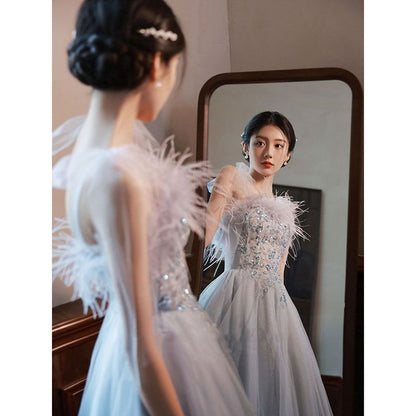 Fluffy Evening Gown A-Line Trim Sequined Tie-Shoulder