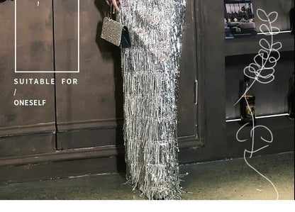 A-Line Velvet Tasseled Off-Shoulder Sequined Evening Gown Panel