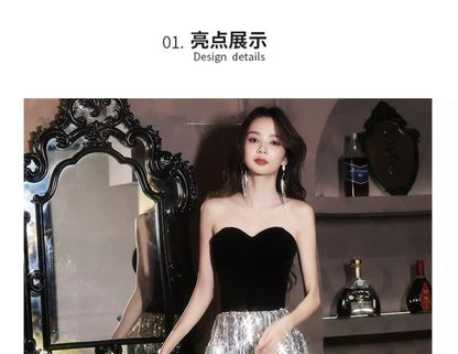 Off-Shoulder Sequined Tasseled Velvet Panel A-Line Evening Gown