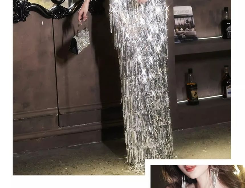 A-Line Velvet Tasseled Off-Shoulder Sequined Evening Gown Panel