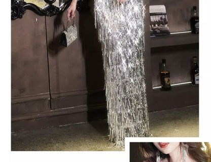 Off-Shoulder Sequined Tasseled Velvet Panel A-Line Evening Gown