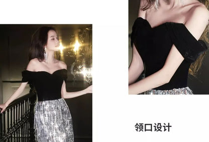 Sequined Velvet Tasseled Panel A-Line Evening Off-Shoulder Gown