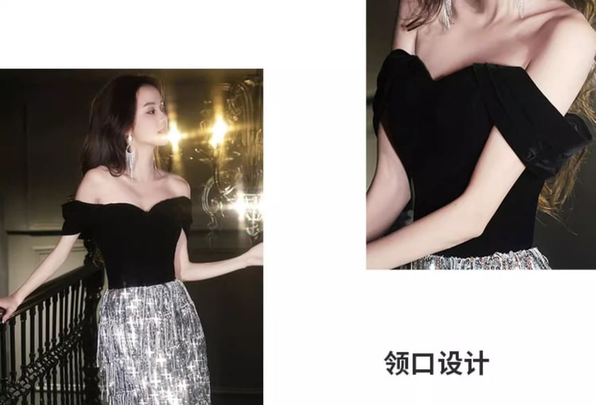 A-Line Velvet Tasseled Off-Shoulder Sequined Evening Gown Panel