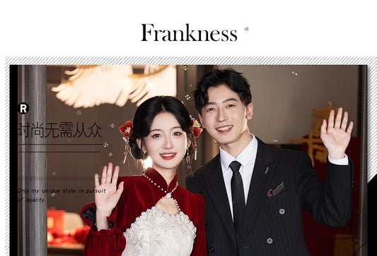 Puff-Sleeve Floral Jacquard Faux Pearl A-Line Chinese Wedding Dress