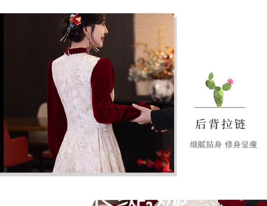 Dress Pearl Jacquard Chinese Faux Wedding Puff-Sleeve Floral A-Line