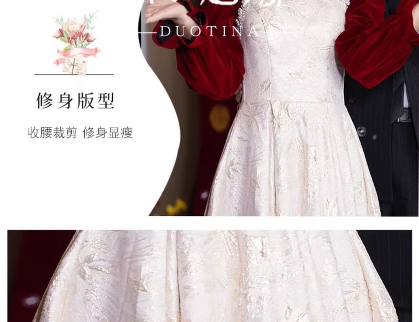 Dress Pearl Jacquard Chinese Faux Wedding Puff-Sleeve Floral A-Line