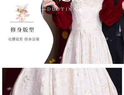 Dress Pearl Jacquard Chinese Faux Wedding Puff-Sleeve Floral A-Line