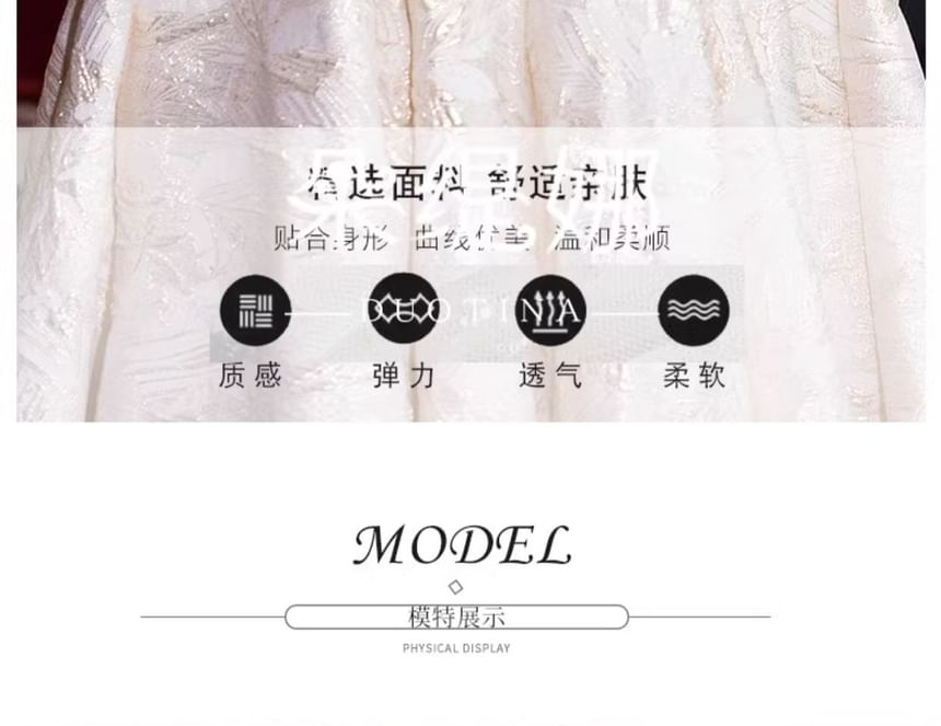 Puff-Sleeve Floral Jacquard Faux Pearl A-Line Chinese Wedding Dress