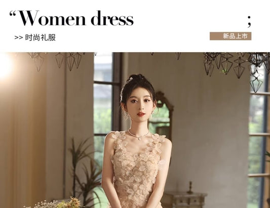 Wide Strap Floral A-Line Evening Gown