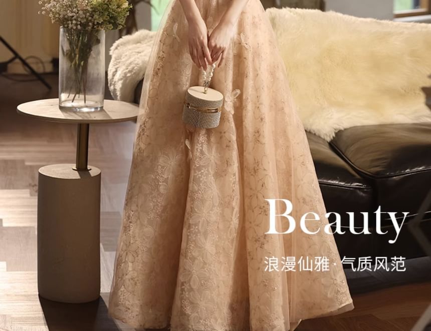 Wide Strap Floral A-Line Evening Gown