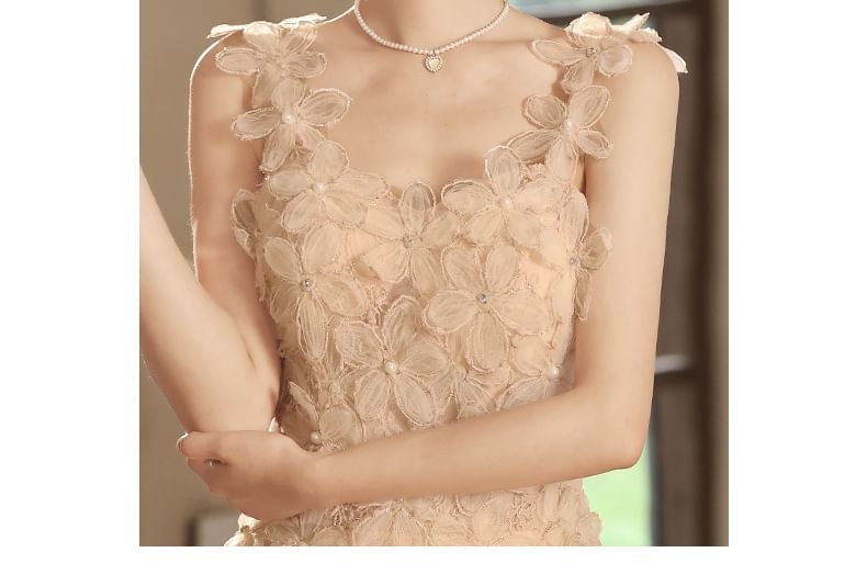 Wide Strap Floral A-Line Evening Gown