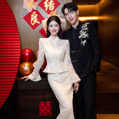 Lace Button-Up Waist Long-Sleeve High Skirt Frog Pencil Top + Set: Buttoned Midi