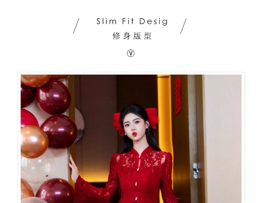 Lace Button-Up Waist Long-Sleeve High Skirt Frog Pencil Top + Set: Buttoned Midi